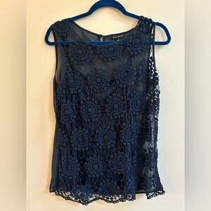 Willi Smith Navy Blue Sheer Lined Crochet Style Sleeveless Blouse Whimsigoth Top